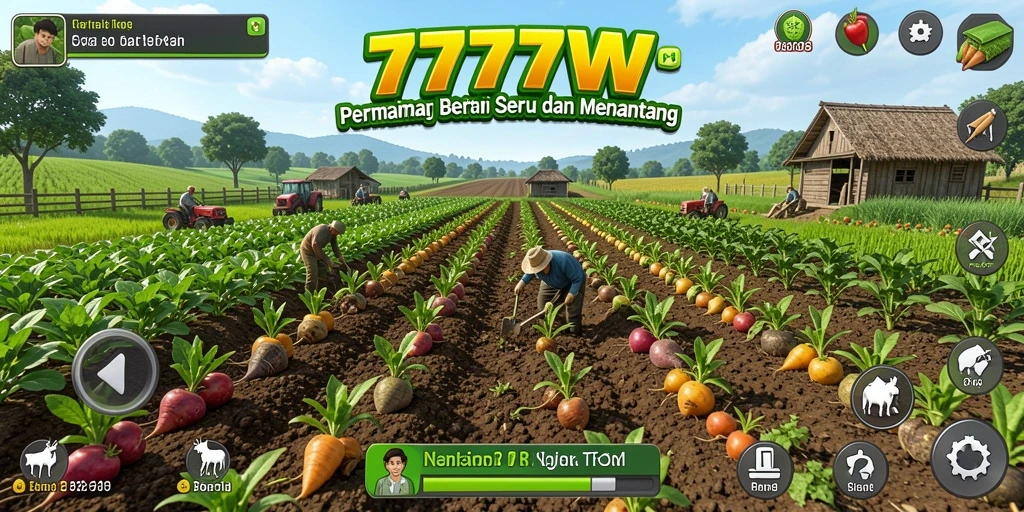 Tampilan gameplay menawan dari 7777W dengan ladang dan aktivitas pertanian.