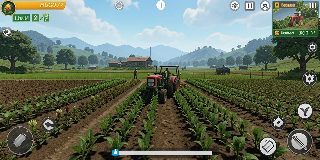 Tampilan screenshot HUGO77 menunjukkan keseruan bertani di dunia virtual.