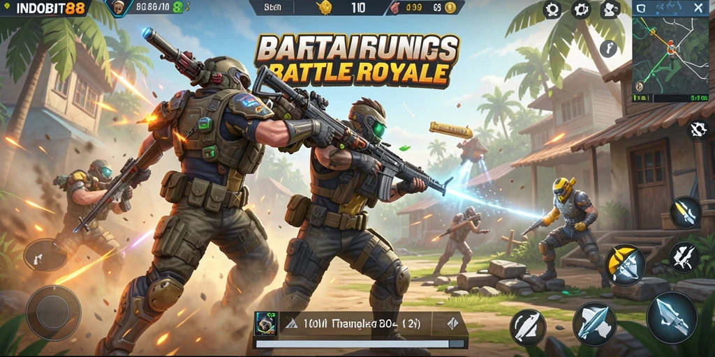 Screenshot gameplay INDOBIT88 menampilkan pertarungan intens di arena Battle Royale.