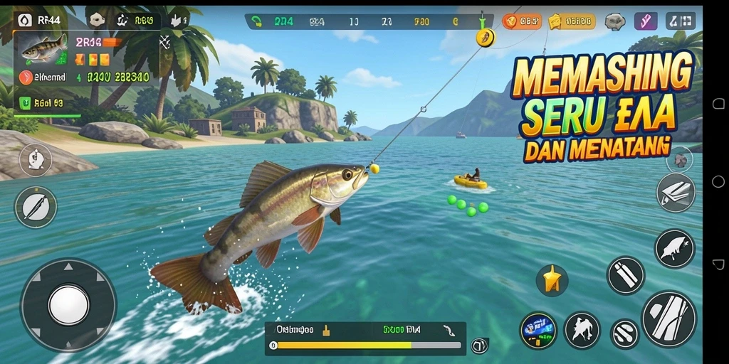 Screenshot menunjukkan pemain sedang menangkap ikan di danau yang indah.