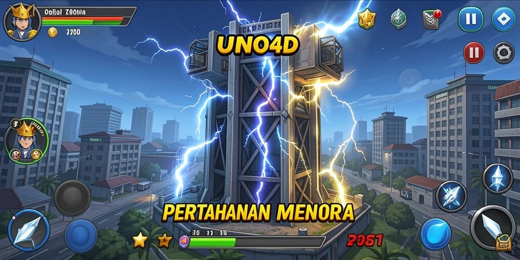 Screenshot gameplay UNO4D yang menunjukkan aksi Tower Defense yang mendebarkan.